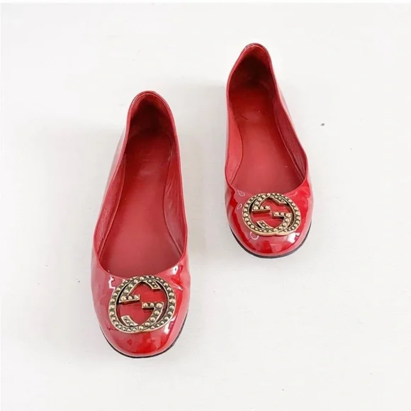 🎁❤️Gucci Red GG Logo Ballet Flats EU 37.5 US 7.5 Studded Patent Interlocking GG - Picture 2 of 8